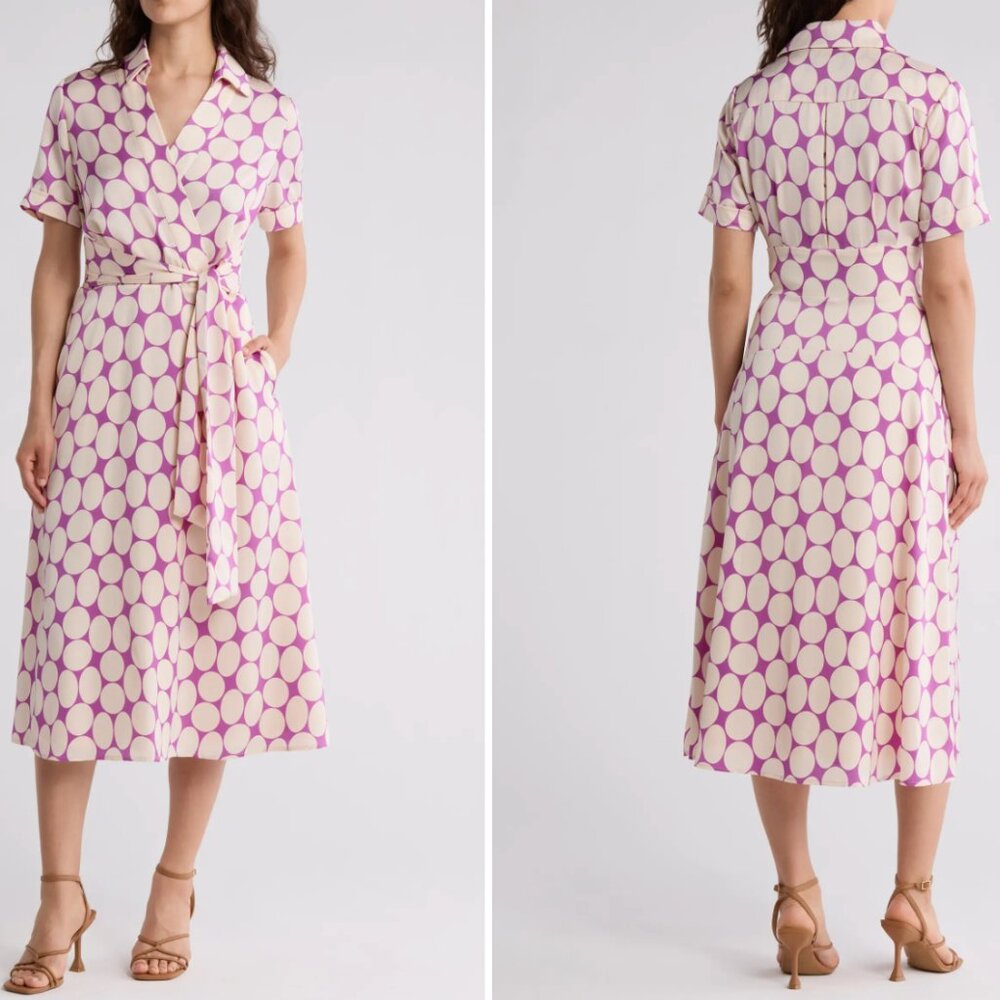 Tahari Polka Dot Short Sleeve Wrap Shirtdress - Picture 2 of 5